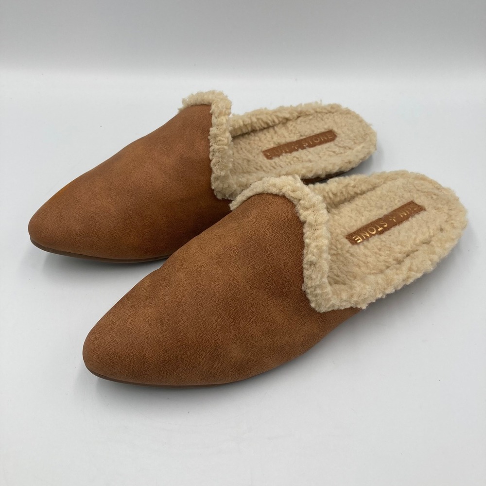 Sun + Stone Ninna Mules Faux Suede Sherpa Lined Slippers Women's Size 8.5